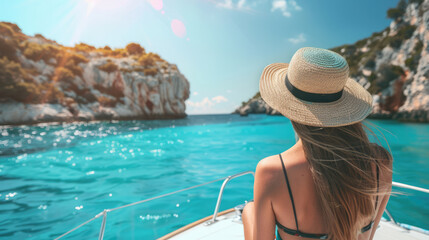 Beautiful girl on a luxury yacht in summer, woman on the boat, vacation and travel theme, bucket list lifestyle concept