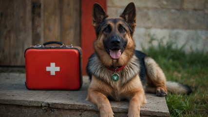 The image shows a German Shepherd dog lying next to a first aid kit. 