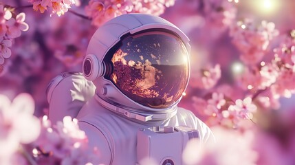 Astronaut Among Cherry Blossoms: An astronaut in a space suit surrounded by beautiful pink cherry blossoms, blending space and nature in a stunning visual.