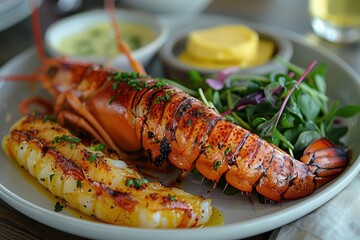 A luxurious plate of poached lobster, served with a side of drawn butter and a small salad of mixed greens. 
