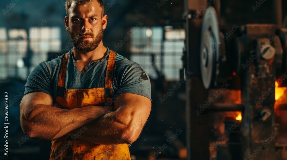 Poster a man with a beard stands in front of a machine with his arms crossed