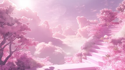 Fototapeta premium Aesthetic wallpaper featuring pink clouds, pink sky, and pink stairs with a high definition dreamy gradient.