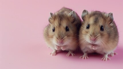 Two dwarf hamsters on pink background with space for text