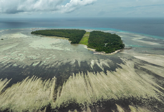 Aerial view of remote Poivre Island lagoon, Seychelles.