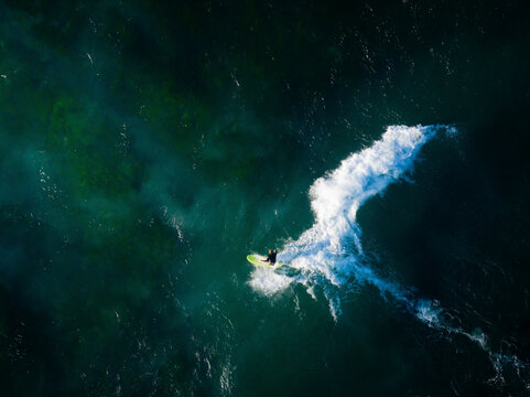 Aerial view of surfers riding waves in the ocean, Mona Vale, New South Wales, Australia.