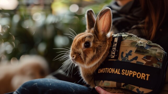 Rabbit wearing an emotional support harness on a person's lap.