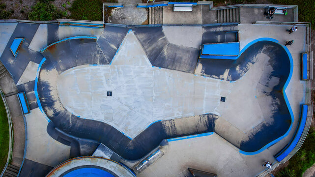 Aerial view of Bondi Skate Park with skaters and shark shaped bowl, Sydney, Australia.
