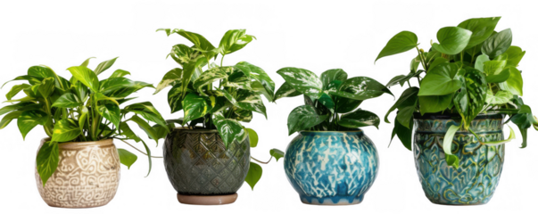 Four Different Potted Plants with Lush Green Leaves