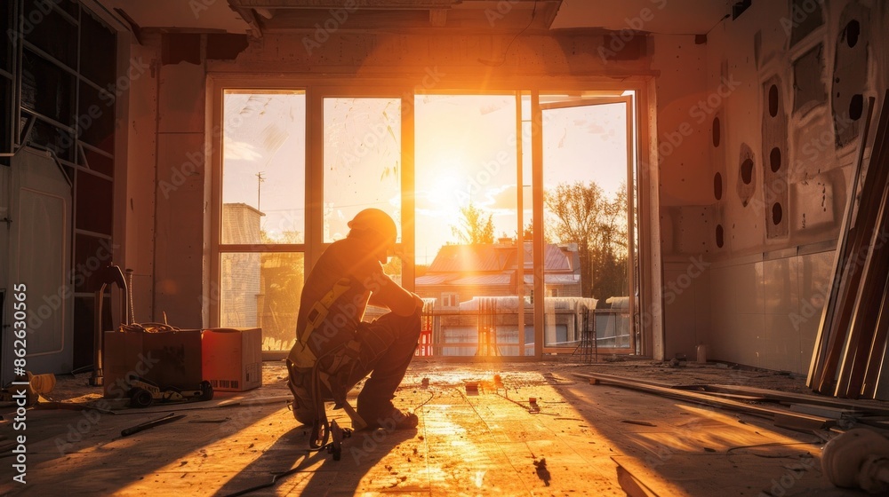 Poster a man is kneeling in a room with a window