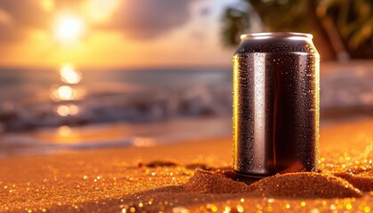 A refreshing beverage can on a beach at sunset, capturing the essence of summer relaxation and tropical vacations.