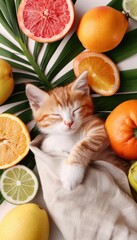 Adorable sleeping kitten surrounded by various fruits including citrus and grapefruits, creating a cozy and vibrant scene.