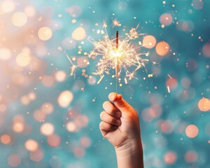 Close-up of a child's hand holding a bright sparkler against a bokeh-filled background, evoking celebration, joy, and festive atmosphere.