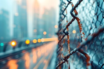 Rebar Barriers in a Moody,Modern City of Banishment with Atmospheric Lighting and Blurred Bokeh Effect