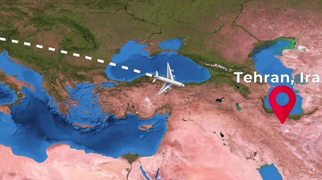International flight travel route from Paris to Tehran on worlds map in 4K
