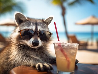 Raccoon wearing sunglasses holding a cocktail glass on the beach. Sunny coast rest. Summer vacation concept, funny animal in sunlight. Photo generated by Ai technology