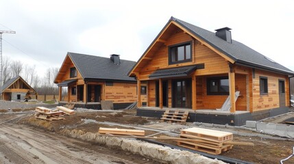 A house is being built with a lot of wood and a black roof