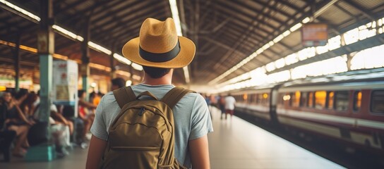 Traveler waiting on a busy train platform