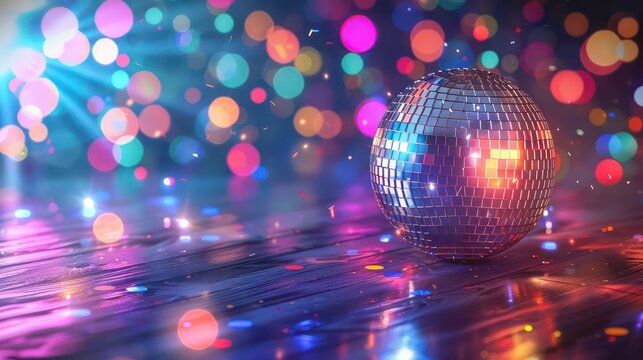 Disco ball sphere with colorful disco lights for party nights. Generative AI