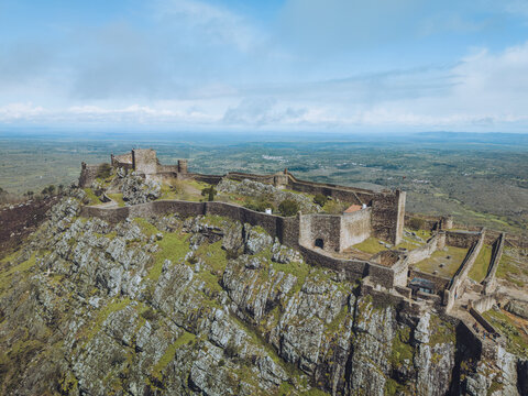 Aerial view of Castle of Marvao with rocky ruins and mountain landscape, Santa Maria de Marvao, Portugal.
