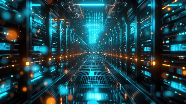 A parallel row of servers, adorned in electric blue, fills a technology-driven data center hallway with a symmetrical display of power and Azure technology. AIG41