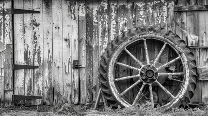 Obraz premium A rusty tractor wheel leans against a weathered barn proudly displaying its battle scars. Black and white art