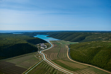 Aerial view of agricultural fields and coastline, Most Rasa, Istria, Croatia.