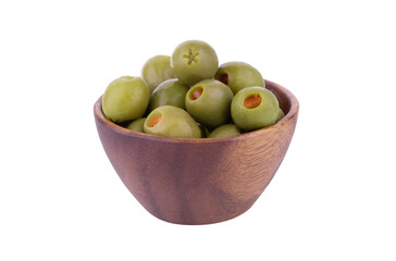 Spanish Olive with Pimiento in Wooden Bowl on transparent png