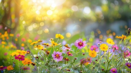 Fototapeta premium Colorful garden with delicate yellow flowers and morning sunlight blurry backdrop