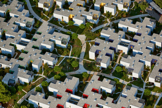 Rovinj, Croatia - 27 August 2018: Aerial view of modern resort complex with organized paths and greenery, Rovinj, Croatia.
