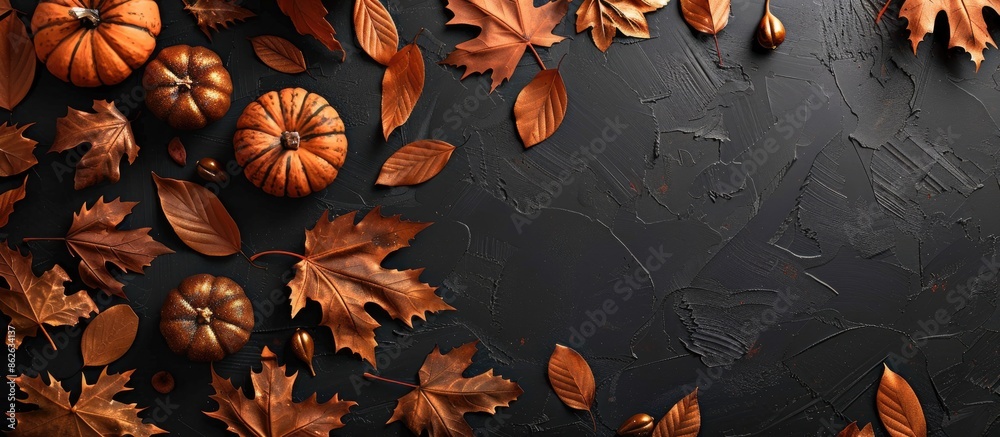 Poster flat lay top view of autumn-themed items like brown and gold leaves, pumpkins, on a dark black backg