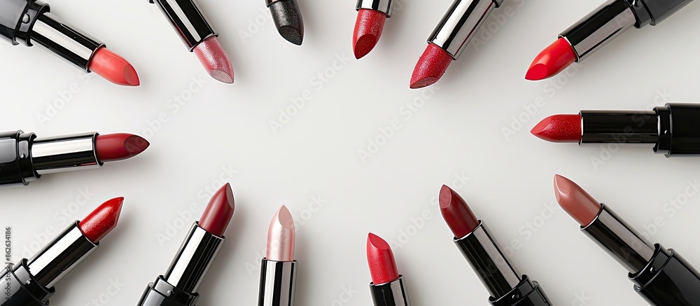 Aufkleber A circle of lipsticks displayed from above on a white background with copy space image.