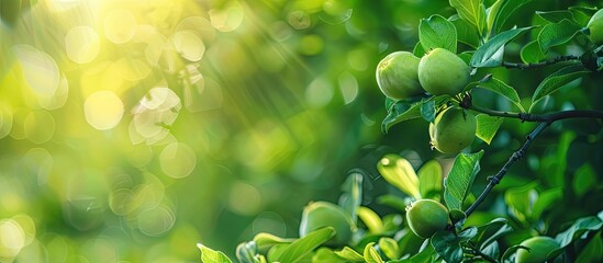 A green tree with young quince fruits growing on a branch, set against a background of lush foliage, creating a serene copy space image.