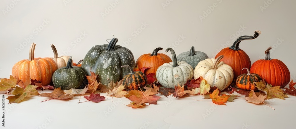 Aufkleber various pumpkins displayed on a bed of fallen leaves, set against a white backdrop with copy space i