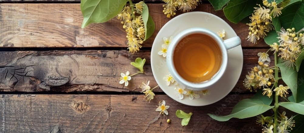 Poster flat lay composition featuring a cup of tea surrounded by linden blossoms on a wooden table, with am