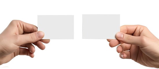 Obraz premium Hands presenting blank cards with a white background for copy space image.