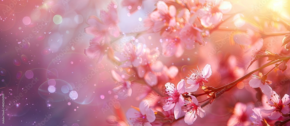 Poster Cherry and plum trees blooming in spring with selective focus on a floral background, perfect for a copy space image.