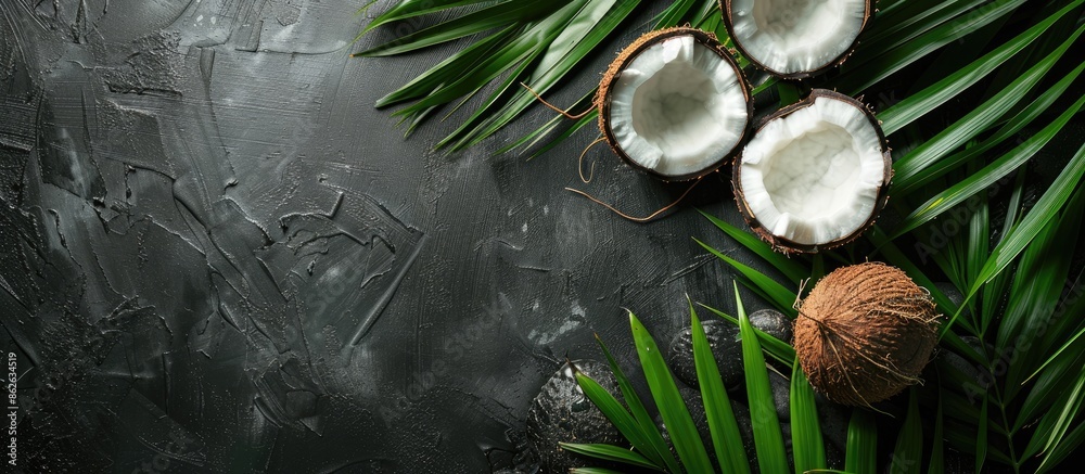 Poster Tropical coconut displayed on a dark stone surface with palm leaves, creating a refreshing and tropical atmosphere in a top-down view with room for your message in the copy space image.
