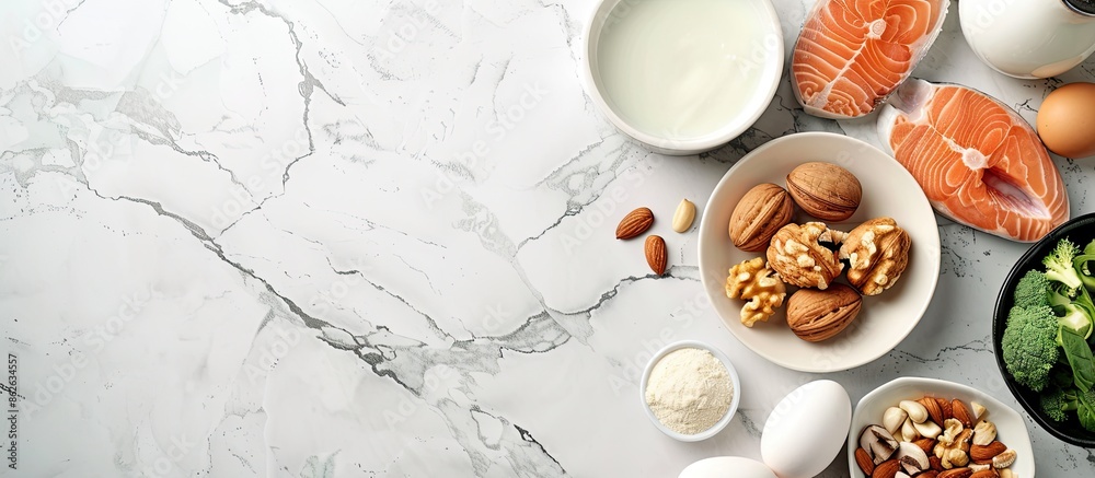 Poster Display of keto diet items on a light grey marble surface with room for text in the image. Copy space image. Place for adding text and design