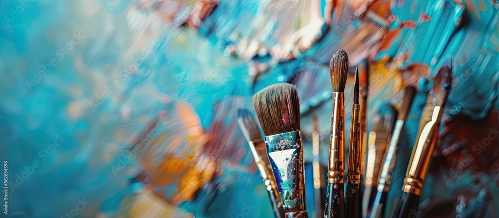 Poster close-up of a variety of artist paintbrushes with selective focus on a copy space image.