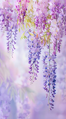 blooming wisteria flowers in soft shades of purple and pink. The gentle focus and dreamy background enhance the beauty and elegance of these cascading blossoms