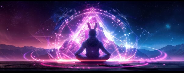 Silhouette of a meditating figure with bunny ears amidst a vibrant, mystical backdrop of glowing pink and purple geometric patterns