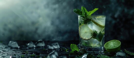 Large image featuring a glass with a mojito cocktail containing lime, mint, and ice, adorned with herbs on a dark backdrop. Includes copy space.
