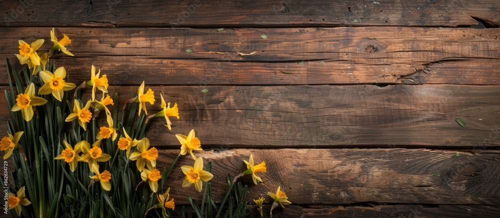 Poster Daffodil flowers placed on an aged wooden table with empty space for a photo. Copy space image. Place for adding text and design