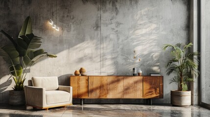 Modern Minimalist Living Room Interior with Sunlight Shadows