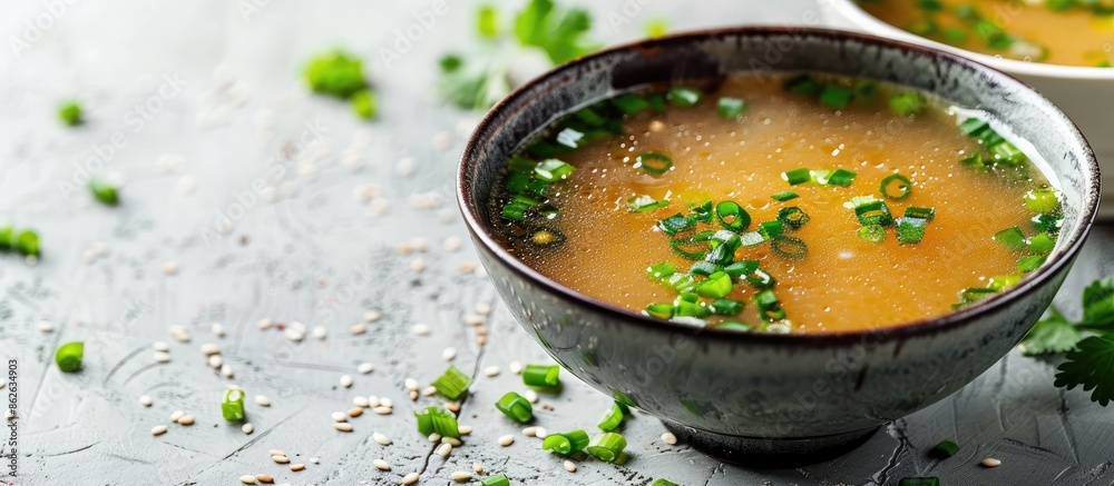 Wall mural A flavorful cup of miso soup displayed on a plain white surface with ample copy space image.