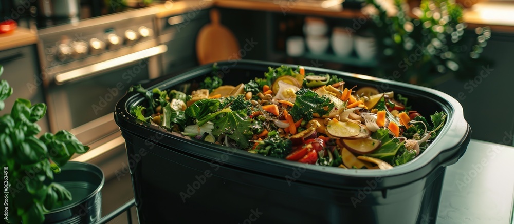 Poster detailed close-up of a kitchen counter compost bin with leftover food scraps, featuring ample copy s