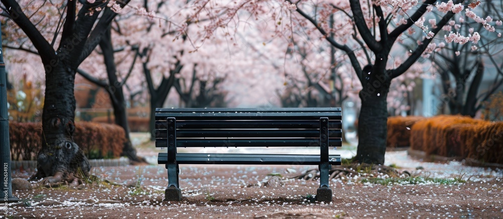 Leinwandbilder an empty bench with no people around in a garden, set against a backdrop of blossoming cherry blosso