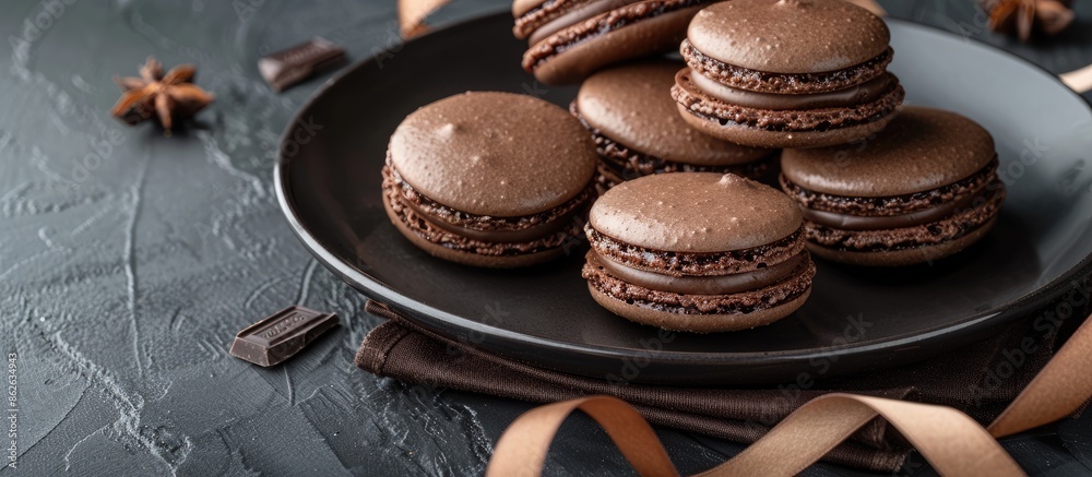 Poster Dark chocolate macarons displayed elegantly on a black plate with a ribbon and a brown napkin, set on a dark table background with copy space image.