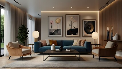 
Elegant 3D rendering of a spacious living room with a gallery wall and designer lighting fixtures.

