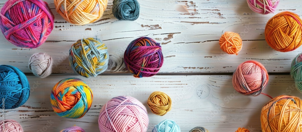 Poster various colorful yarn balls and embroidery items displayed on a white wooden table with a textured s